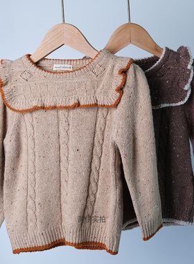 韩国原装进口AM秋冬女童大花边圆领海军风长袖羊毛毛衣千鸟格长裤