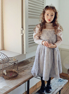 韩国原装进口puell秋冬女童绒面仿皮草长袖T恤加绒加厚背带连衣裙