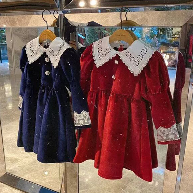 韩国进口正品berry秋冬女童丝绒长袖蕾丝公主裙加厚连衣裙 礼物