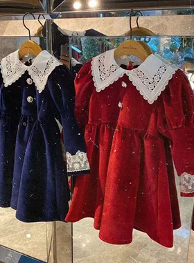 韩国原装进口berry秋冬女童丝绒长袖蕾丝公主裙加厚连衣裙 礼物