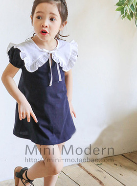 韩国原装进口PUELL夏女童可爱海军风娃娃翻边花领泡泡短袖连衣裙