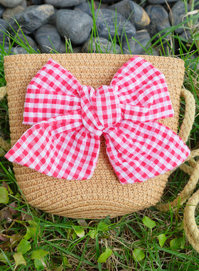 韩国原装进口女童可爱甜美红色格子蝴蝶结草编斜挎单肩背包公主包