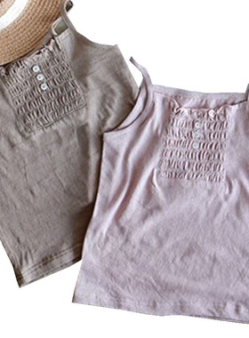 韩国原装进口Puell夏薄款女童舒适百搭褶纹钮扣吊带背心时尚T恤