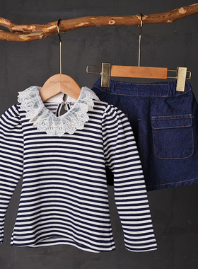 韩国原装进口Puell春秋女童纯棉蕾丝花边领长袖T恤衬衣牛仔半身裙