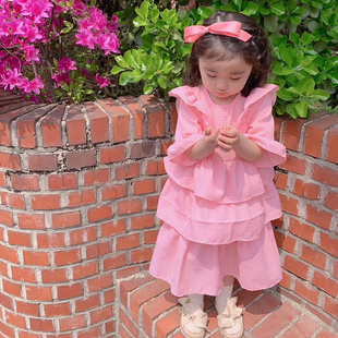 韩国原装进口夏薄款女童喇叭格子中袖连衣裙多层蛋糕裙蝴蝶结头箍