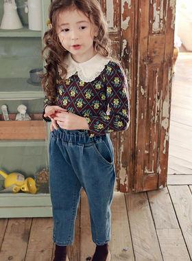 韩国原装进口puell春秋女童菱格蕾丝花边领加厚长袖毛衣 牛仔长裤