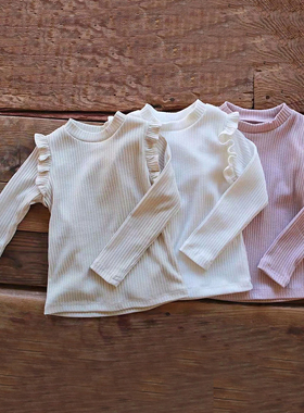 韩国原装进口Puell春秋冬女童百搭潮流花边竖条纹插肩长袖打底衫