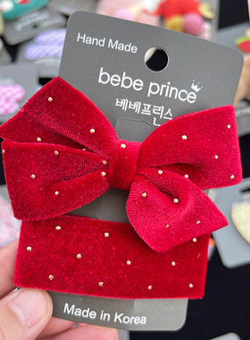 韩国原装进口bebe prince女童金丝绒蝴蝶结闪金点点一字边碎发卡