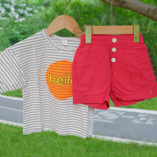 韩国原装进口夏薄男女童字母条纹短袖纽扣微收口灯笼热裤棉麻短裤