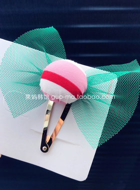 韩国原装进口女童手工制作仿皮革PU椭圆边夹 蝴蝶结毛球发卡头饰