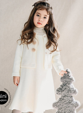 韩国原装进口秋冬款女童舒适可爱加绒白色背心连衣裙+ 开衫套装