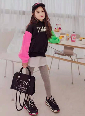 韩国原装进口 over size春秋男女童带帽拼色插肩袖字母笑脸卫衣