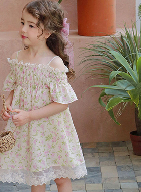 韩国原装进口夏薄女童Puell超仙公主裙 纯棉一字肩花边碎花连衣裙