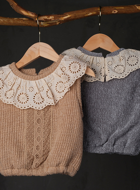 韩国原装进口Puell秋冬女童加厚蕾丝花边领针织马甲 丝绒腰带裙裤