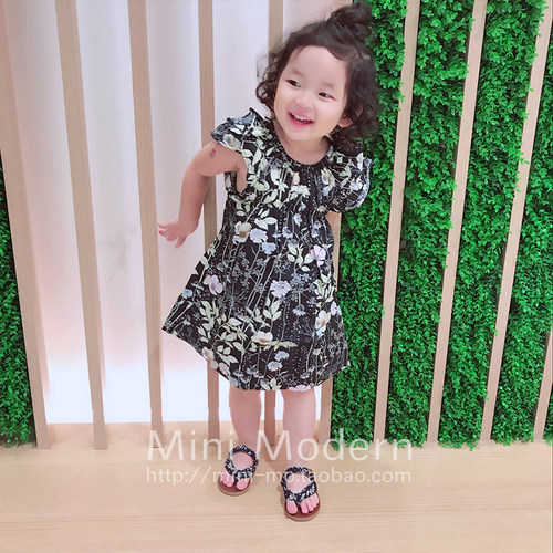 韩国夏薄女童飞袖碎花水果连衣裙