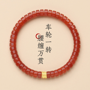 原矿南红玛瑙直切手串女款纯银五帝钱柿子红珠子串珠本命年马手链