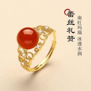 天然南红玛瑙蕾丝边戒指女925银活口可调节法式指环保山冰红手饰