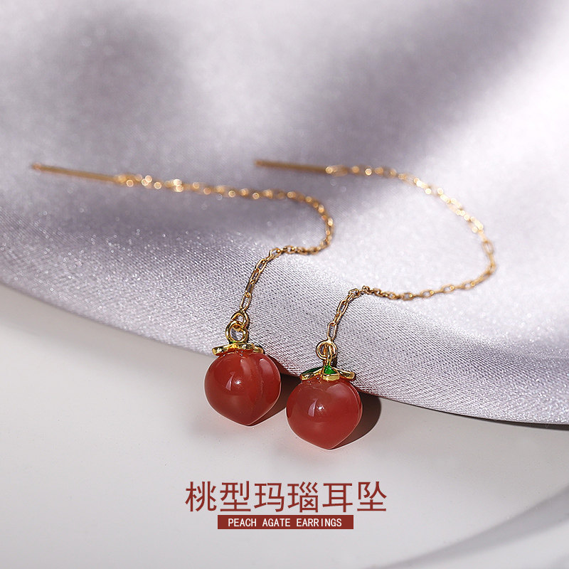 水果耳线耳环女水晶玛瑙纯银耳坠水蜜桃长款显脸瘦原创设计高级感