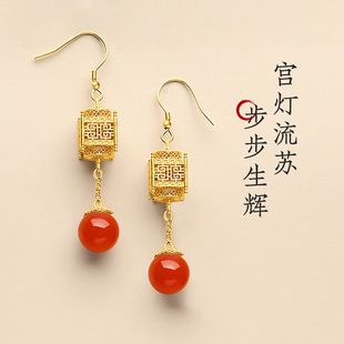 天然南红玛瑙宫灯耳环女保山冰红满色满肉复古贵气新中式汉服耳饰