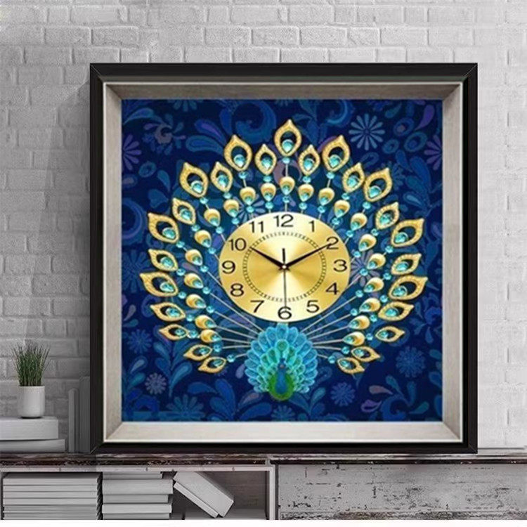 DIY钻石画十字绣满钻平安富贵孔雀钟表新款客厅餐厅挂钟点钻石绣