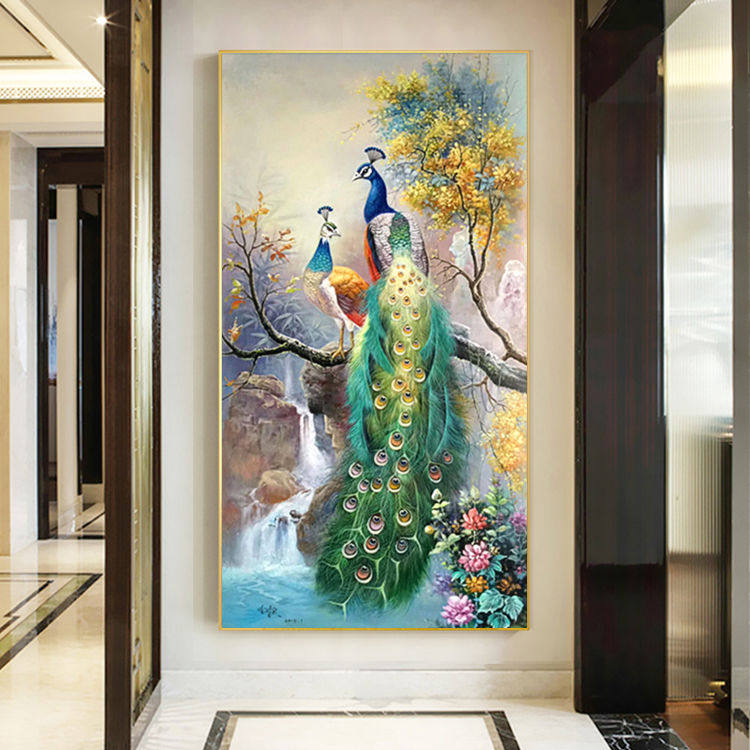 满钻钻石画十字绣富贵双孔雀新款竖版玄关客厅山水风景画点钻石绣