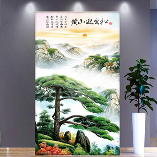 客厅玄关风景山水画点钻石绣 钻石画十字绣满钻黄山迎客松竖版 新款