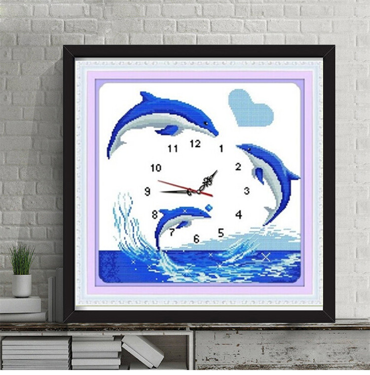 蒙娜丽莎印花十字绣挂钟海豚之恋钟表小幅新款客厅卧室海豚恋人钟