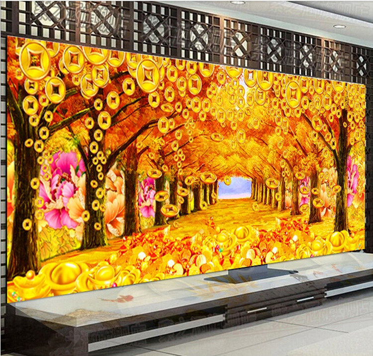 满钻钻石画十字绣 黄金满地摇钱树 黄金大道新款客厅风景画钻石绣