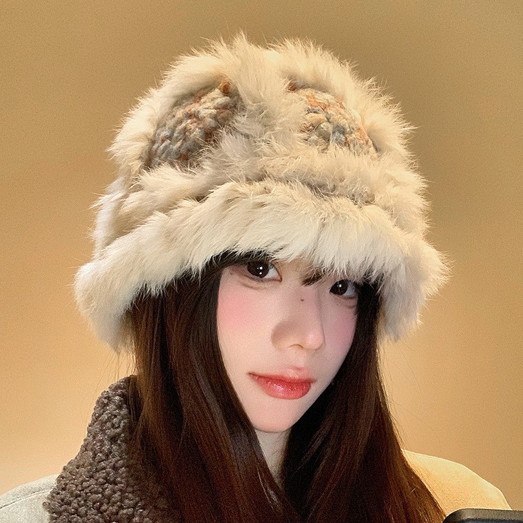 2025新款真兔毛云朵针织醒狮帽子女冬季保暖毛绒绒百搭盆帽显脸小