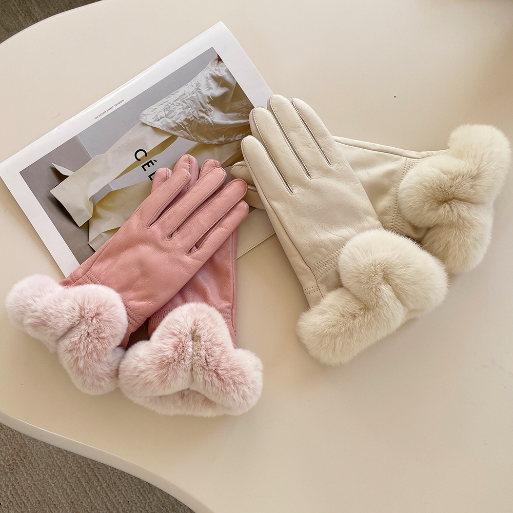 韩版真皮手套女冬季加绒加厚韩版保暖柔美獭兔毛口绵阳皮手套防风