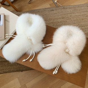 新中式狐狸毛围巾女百搭冬季保暖气质新款带珠定制款围脖皮草围巾