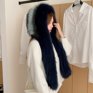 冬季保暖走秀款普鲁士蓝狐狸毛风雪帽围巾帽子披肩女旅行真皮草