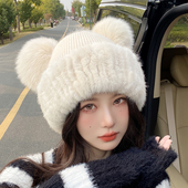 新款 皮草帽子水貂毛编织配狐狸毛球球可爱帽冬季 保暖卡通女帽加绒