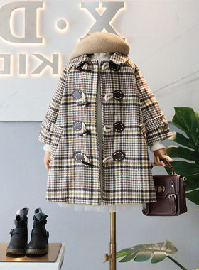 夹棉加厚羊角扣格子外套童装