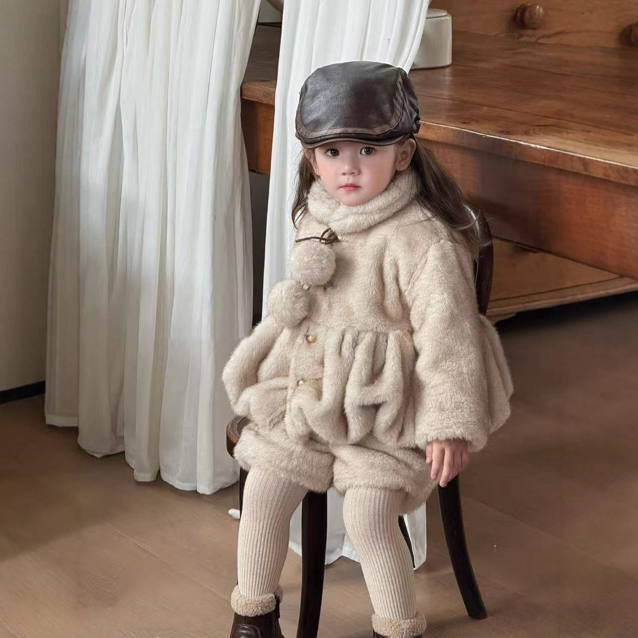 儿童装女童套装仿貂毛长绒超柔南瓜上衣加短裤25冬装新款外贸童装