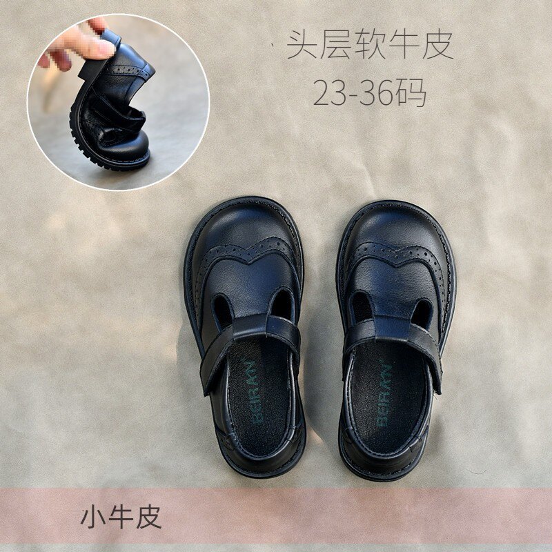 春秋英伦大女童单鞋黑白色洋气小皮鞋韩版真皮软底牛皮丁字公主鞋