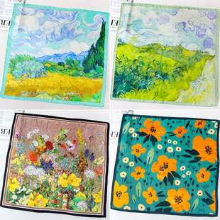 26春夏真丝53小方巾scarf油画风素缎丝巾桑蚕丝围巾领巾百搭丝巾