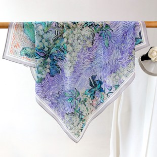 油画紫色真丝双绉丝巾女时尚百搭65中方巾外搭多功能桑蚕丝围巾