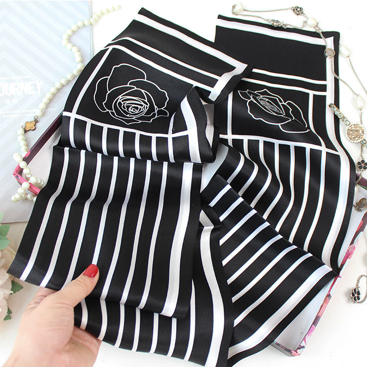 桑蚕丝丝巾韩国新款山茶花长款双层双面真丝围巾细窄长领巾飘带