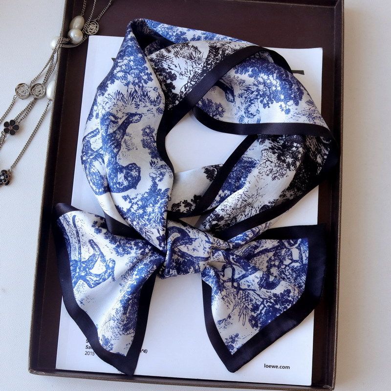 欧美风水墨丛林双层真丝长条领巾飘带桑蚕丝百搭多功能长条巾围巾