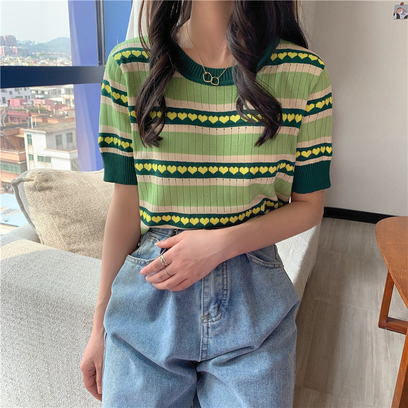 Real price short sleeve T-shirt women's knitted fruit green short top