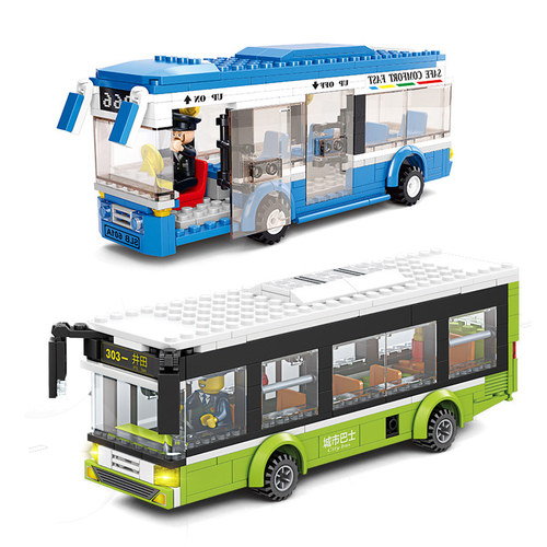 小鲁班拼装积木城市巴士汽车