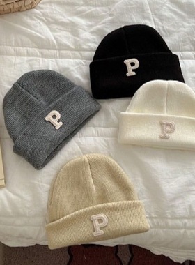 ins韩版简约字母P标婴儿针织毛线套头帽秋冬小宝宝帽子保暖瓜皮帽