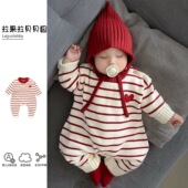 婴儿毛衣连体衣拉果拉新款 新生儿宝宝百日宴周岁礼服喜庆针织爬服