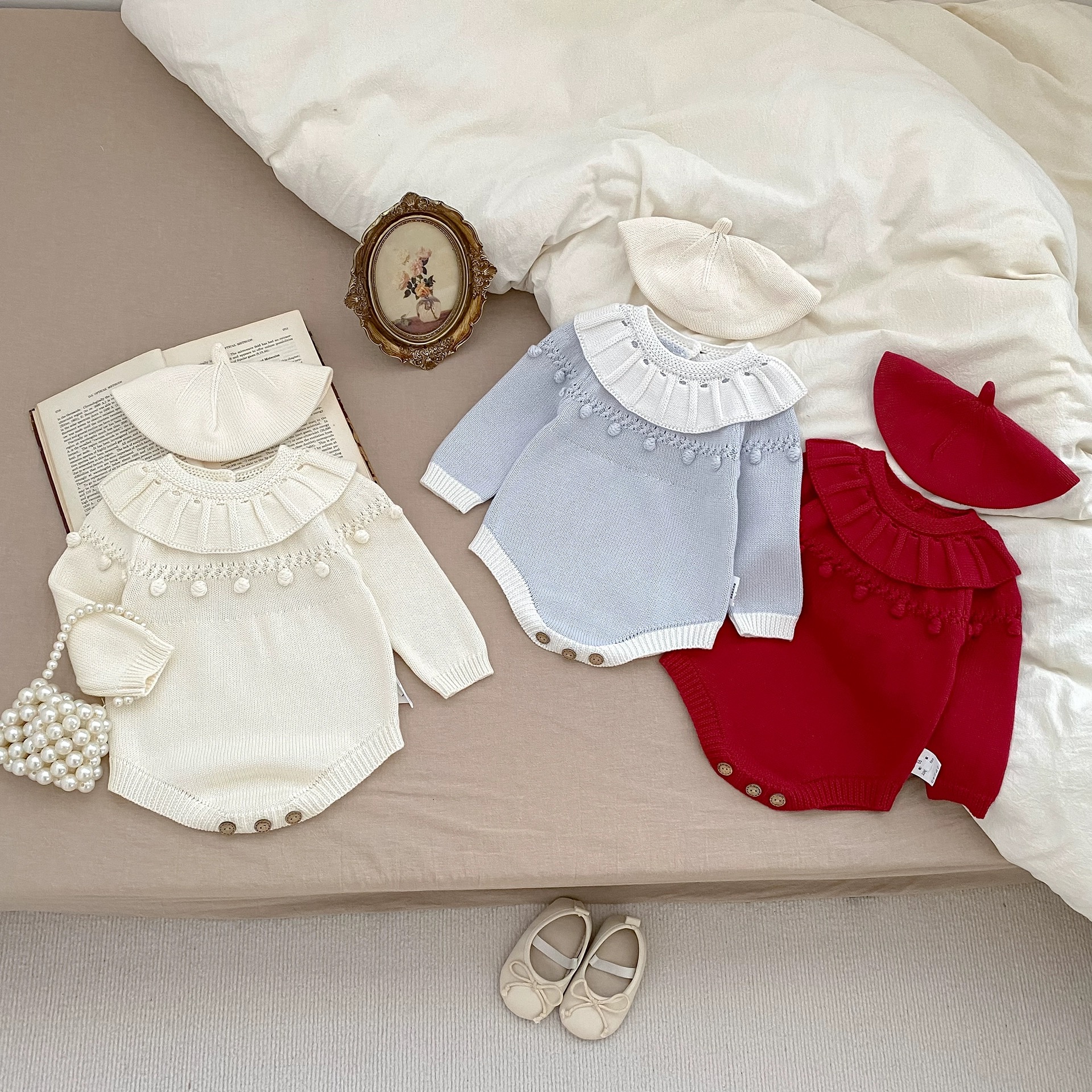 拉果拉贝贝园原创婴儿纯棉毛衣包屁衣手工小毛球棉线针织爬服套装