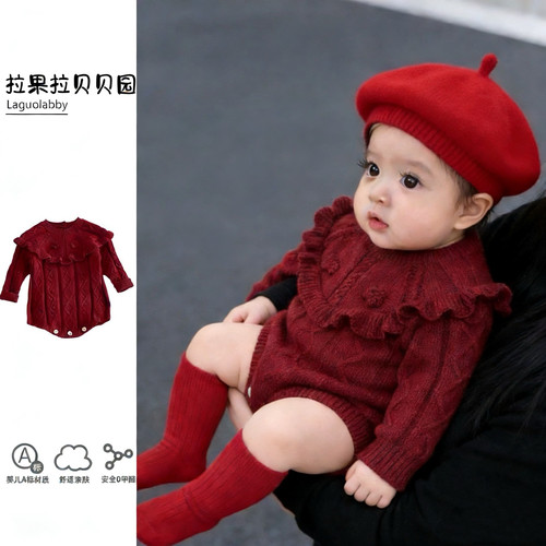 拉果拉婴儿百日宴周岁礼服喜庆毛线衣连体衣宝宝100%棉针织包屁衣