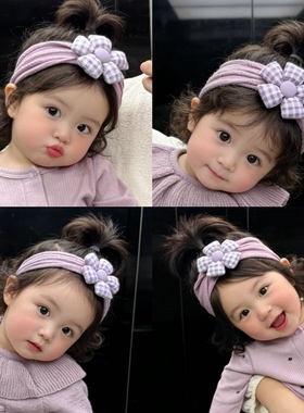 Ins婴儿A类柔软针紫色格子花朵发带新生儿宝宝百天周岁护头囟发饰