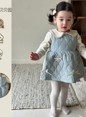韩版女童洋气蝴蝶结背心裙棉袄连衣裙套装女宝宝秋冬蓝色夹棉裙子