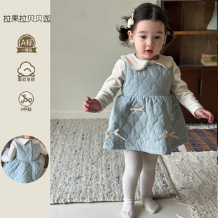 韩版女童洋气蝴蝶结背心裙棉袄连衣裙套装女宝宝秋冬蓝色夹棉裙子