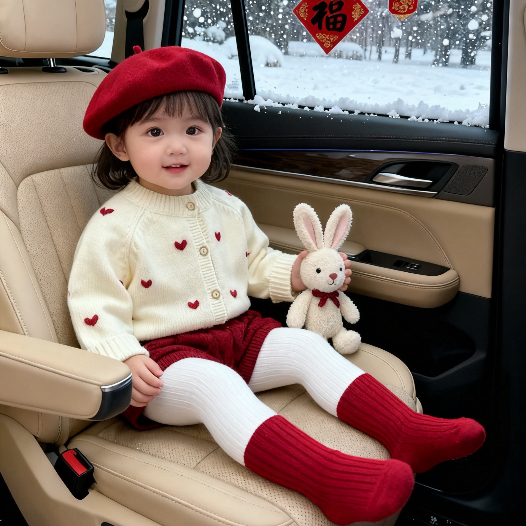 拉果拉女宝宝荷叶领毛线衣秋冬圣诞新年款套装女童毛衣外套花苞裤